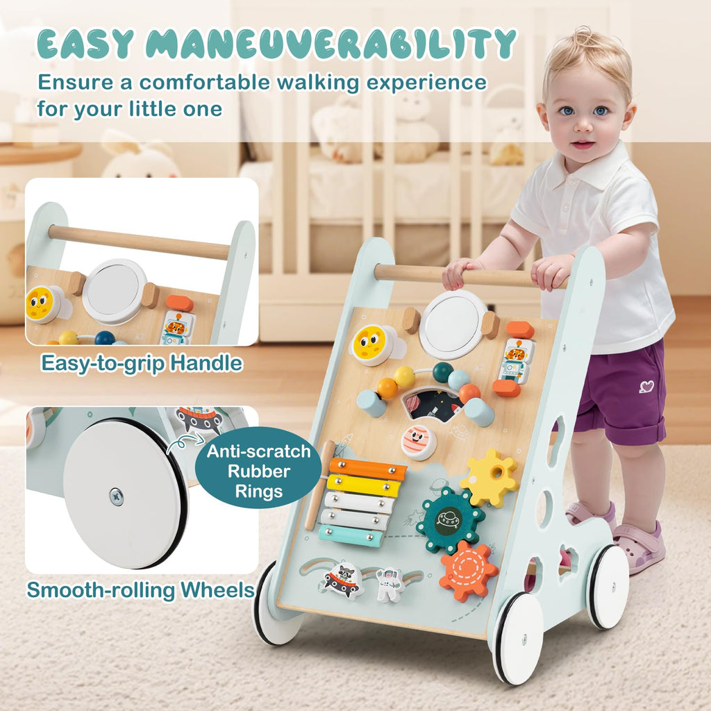 Wooden Baby Walker Push and Pull Learning Activity Center with Wheels Storage Green Q13215