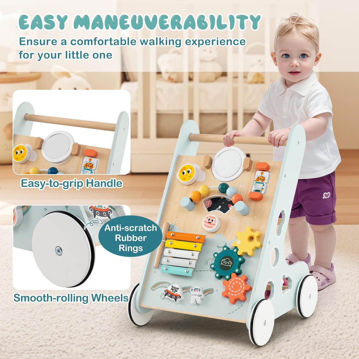 Wooden Baby Walker Push and Pull Learning Activity Center with Wheels Storage Green Q13215