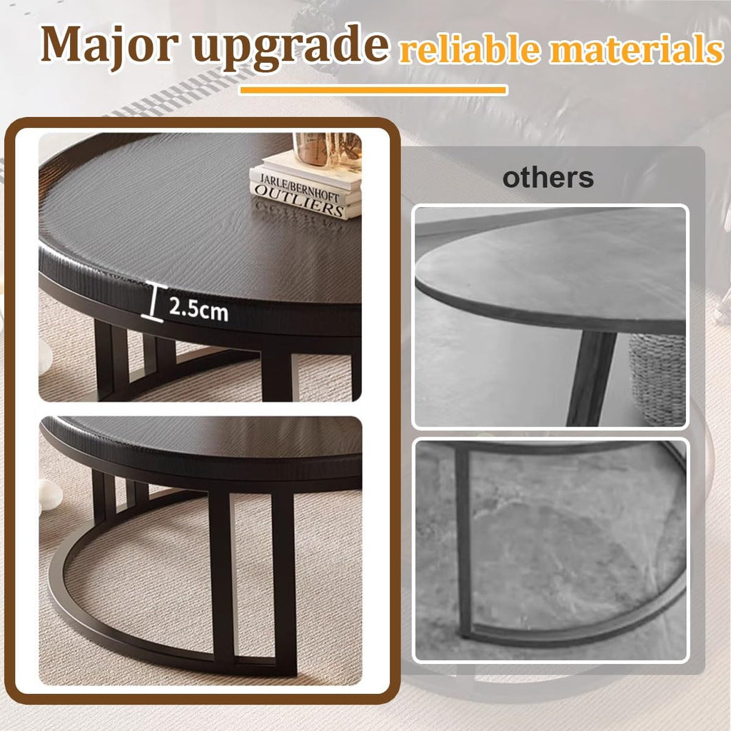 Round Nesting Coffee Tables 2-Piece Set Wood Top Metal Frame R9139