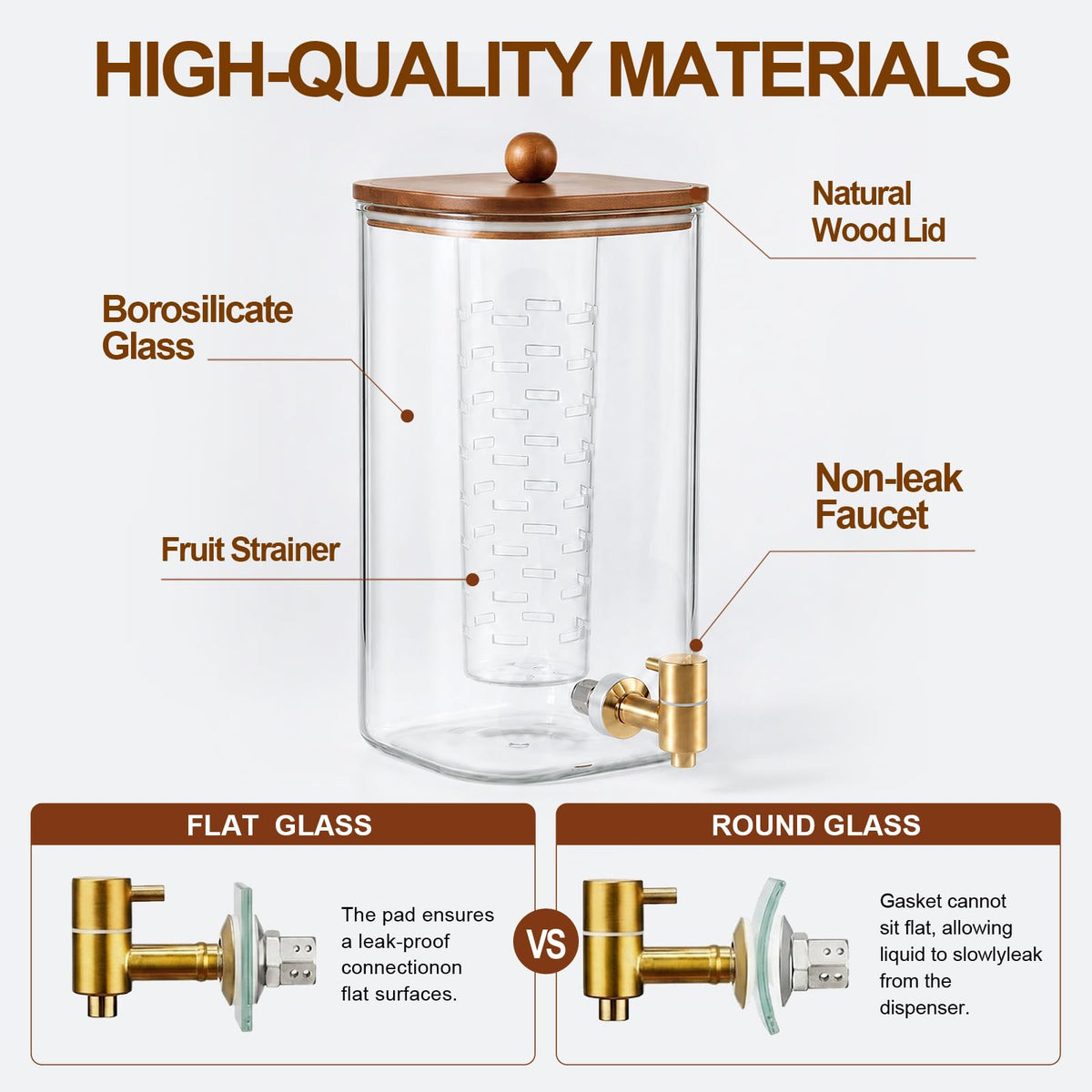 2 Pcs 1.5 Gallon Square Glass Drink Dispenser with Wooden Stand and Stainless Steel Spigot L422