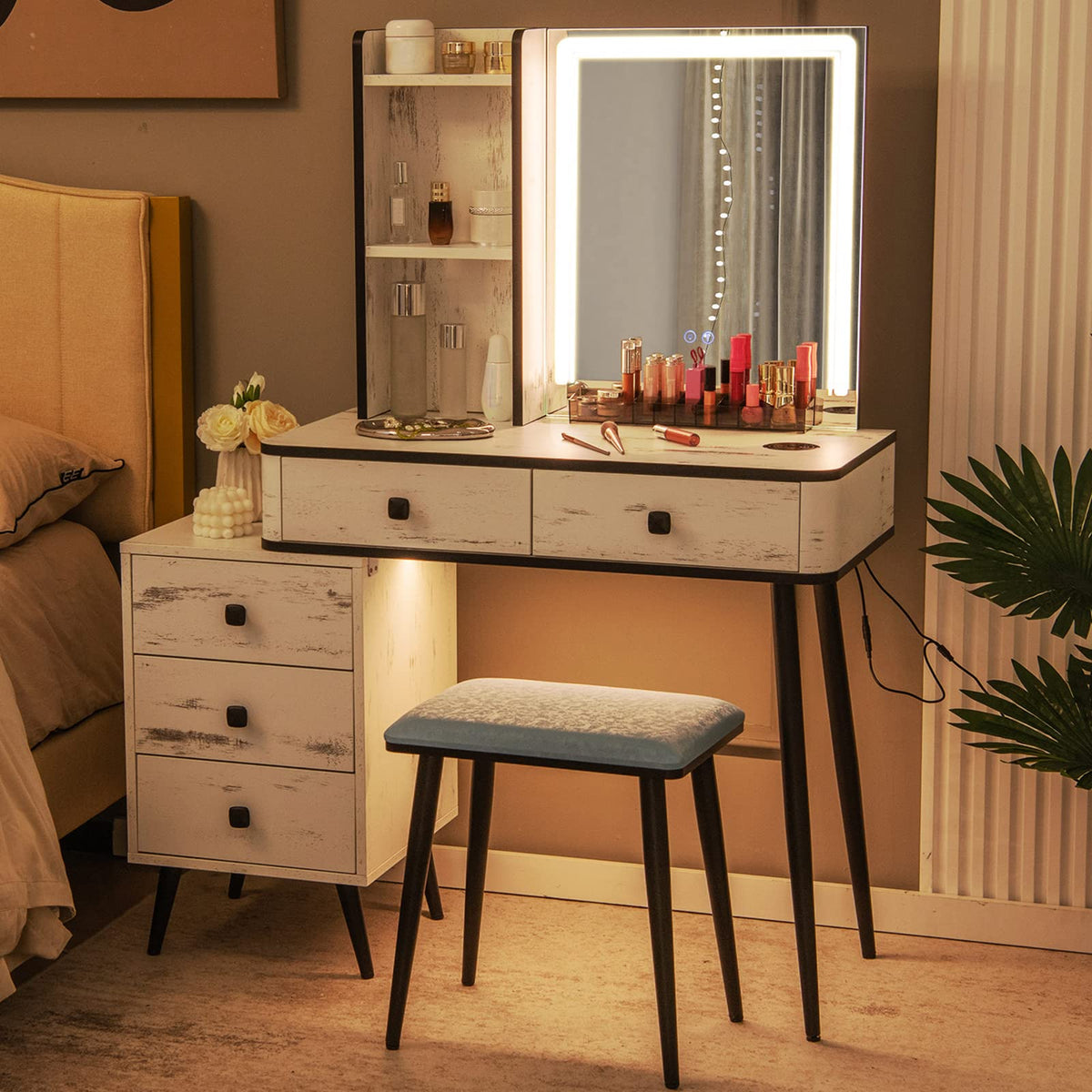 Makeup Vanity Table with Lighted Mirror and Stool Z551