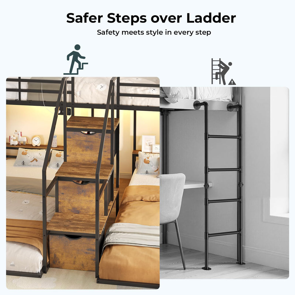 Black Triple Bunk Bed Twin Over Twin with Storage Staircase R4828