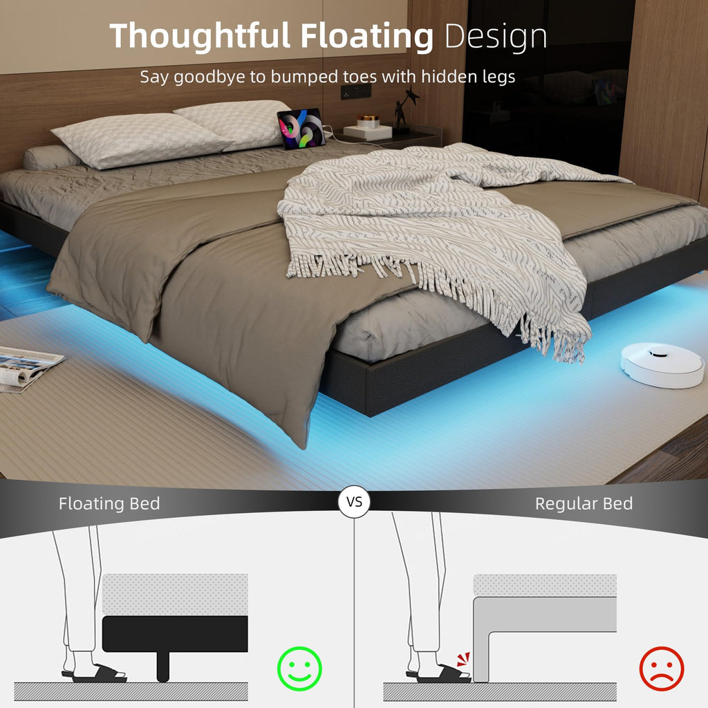 Black Floating Upholstered Platform Bed Frame Full Size with LED Lights and Charging Station R121