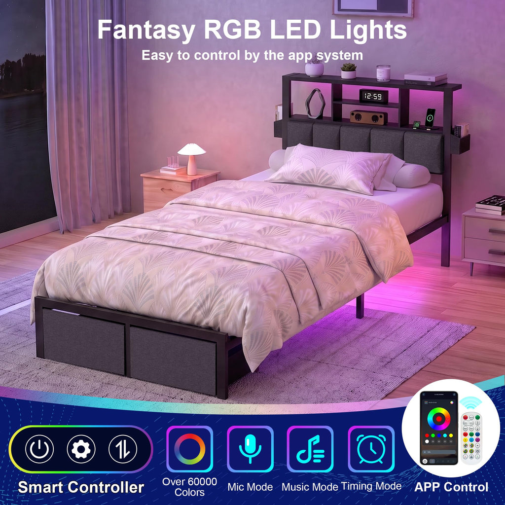 Twin Bed Frame with LED Lights, Storage Drawers and Charging Station U4942