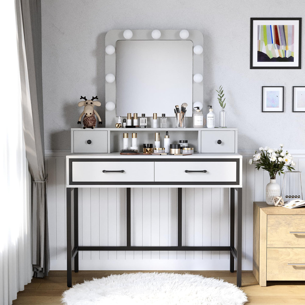 White Vanity Desk with Lighted Mirror and 4 Drawers B76604