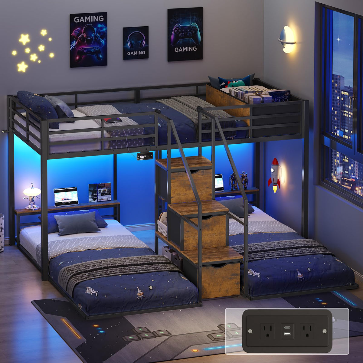 Black Triple Bunk Bed Twin Over Twin with Storage Staircase R4828