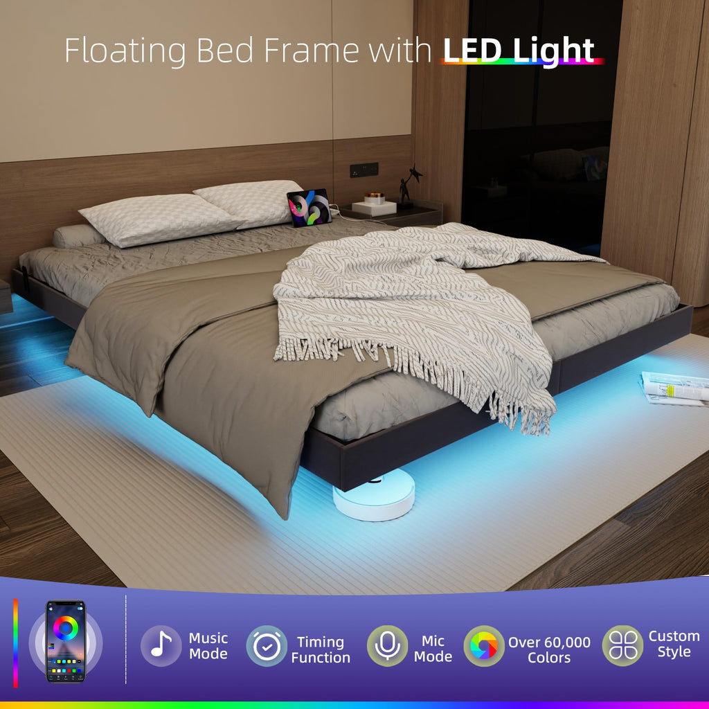 Black Floating Upholstered Platform Bed Frame Full Size with LED Lights and Charging Station R121