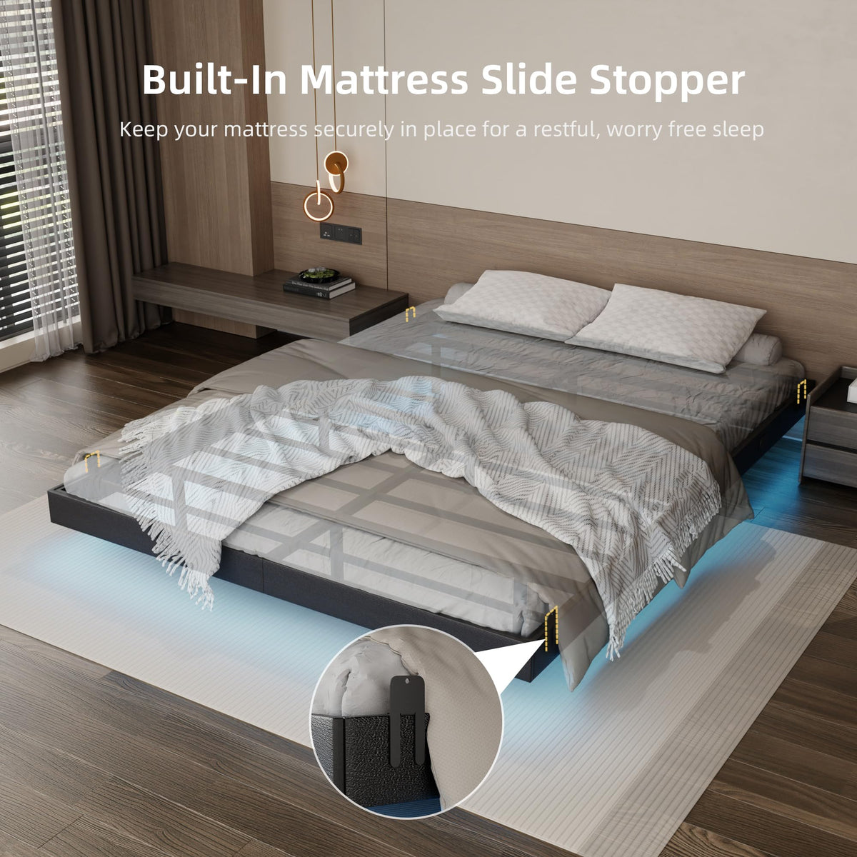Black Floating Upholstered Platform Bed Frame Full Size with LED Lights and Charging Station R121