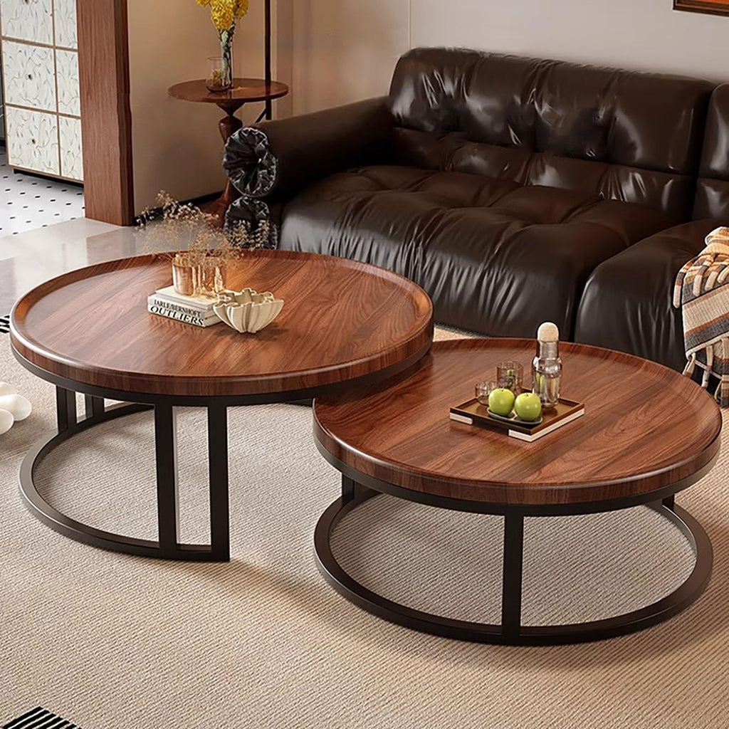 Round Nesting Coffee Tables 2-Piece Set Wood Top Metal Frame R9139