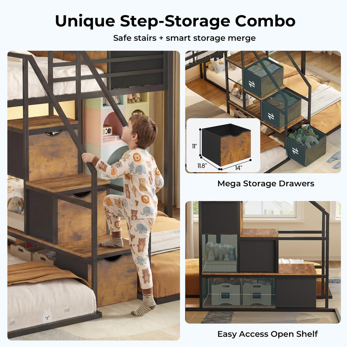 Black Triple Bunk Bed Twin Over Twin with Storage Staircase R4828
