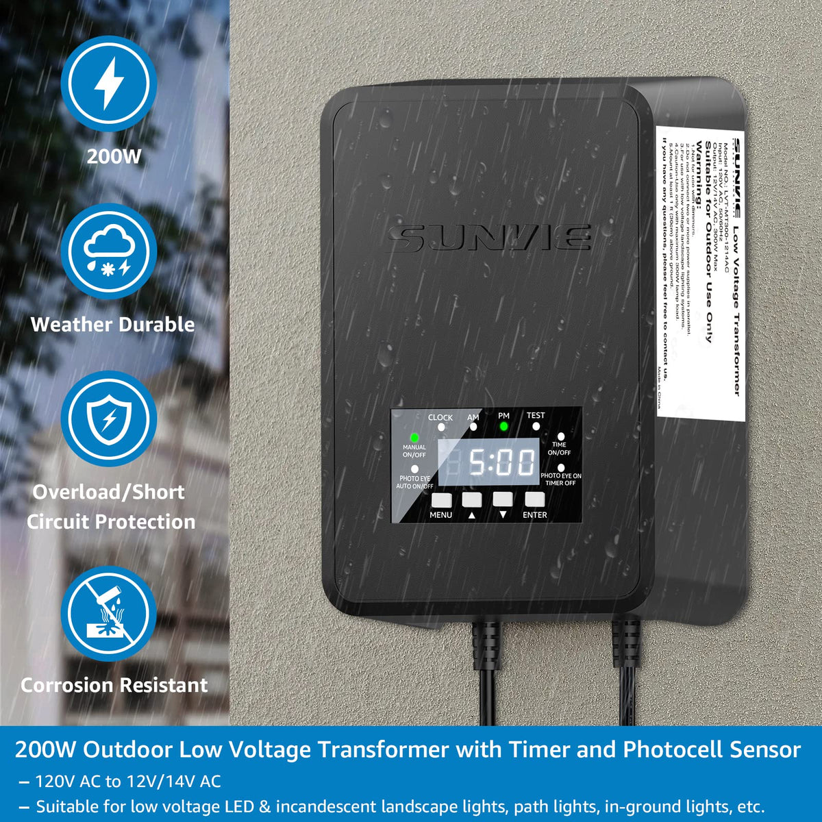200W Landscape Lighting Transformer with Timer and Photocell Sensor O235