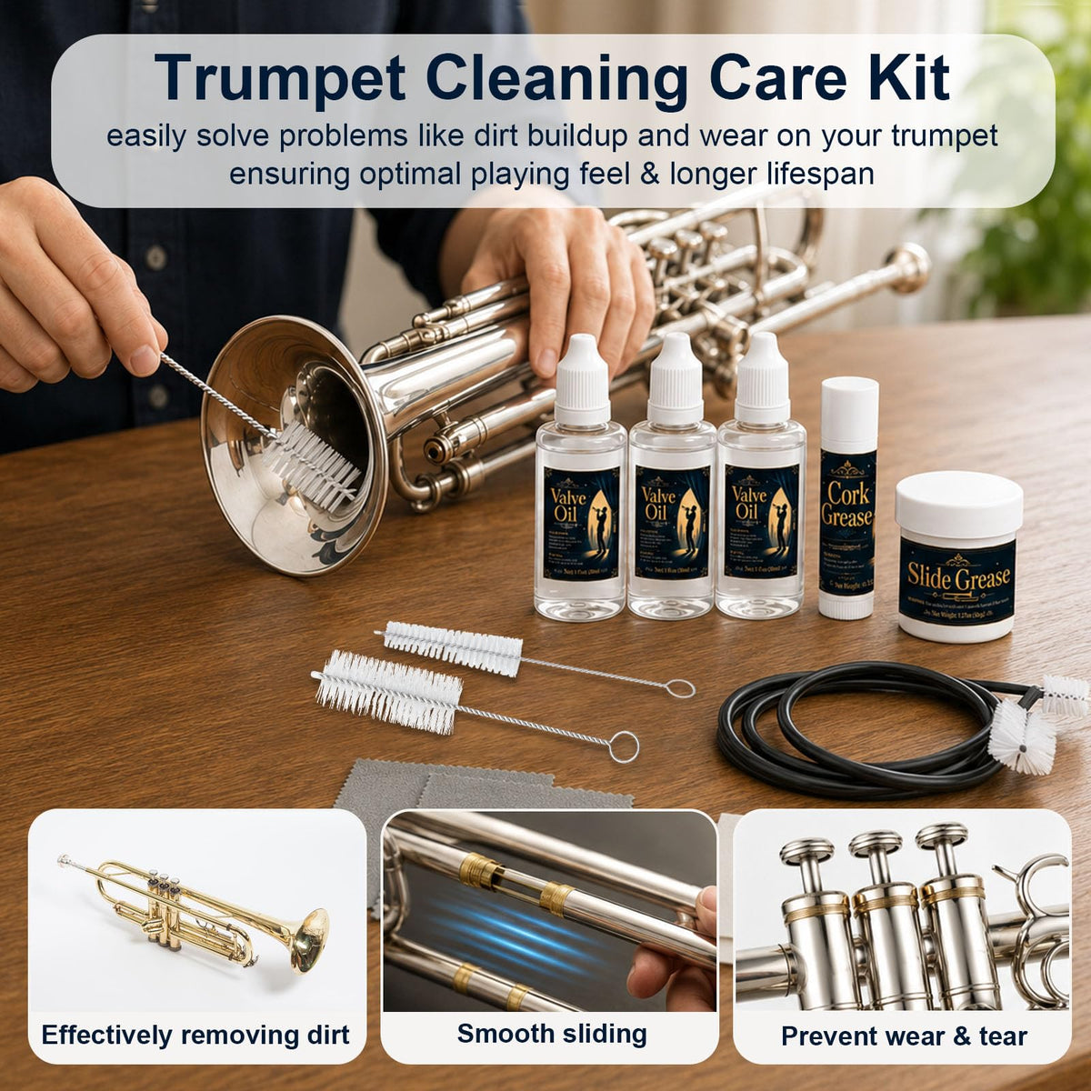 12 Pc Trumpet Cleaning Care Kit with Valve Oil, Grease, Brush P783158
