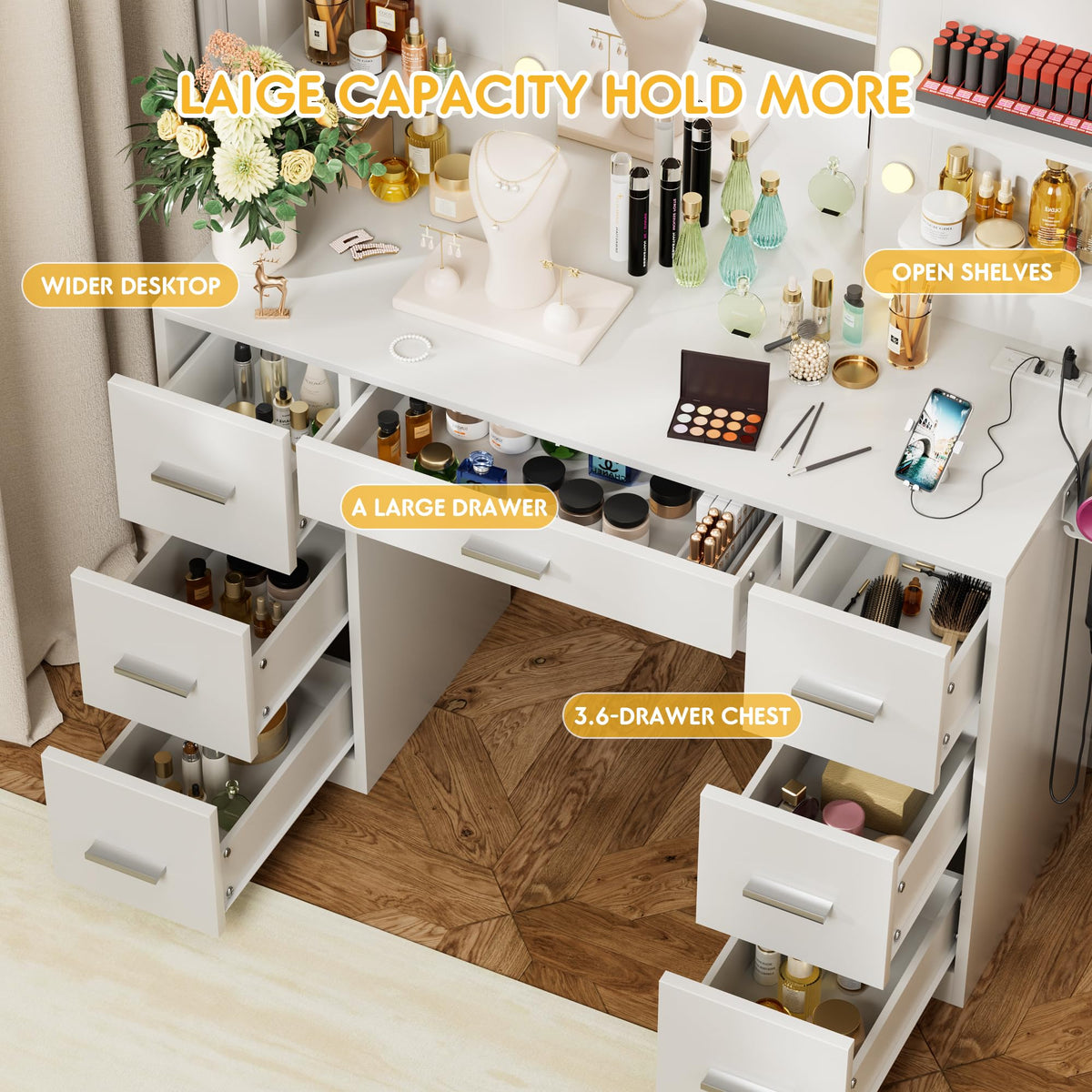 White Vanity Desk with Lighted Mirror and 7 Drawers K6489