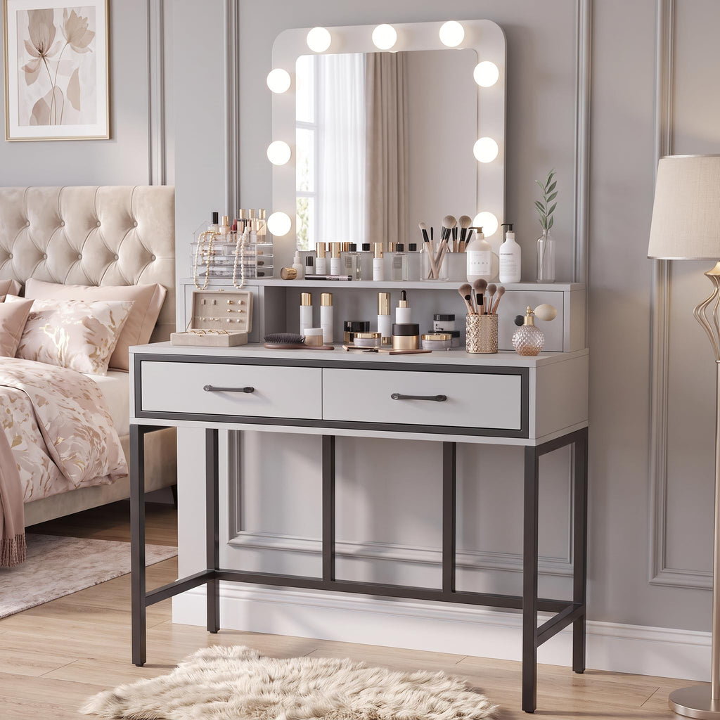 White Vanity Desk with Lighted Mirror and 4 Drawers B76604