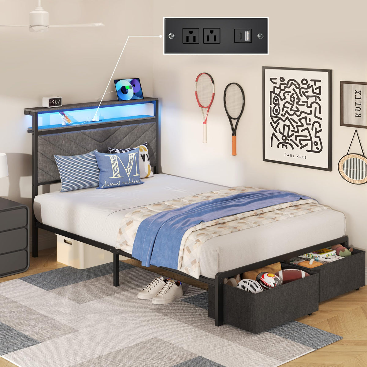 Grey Twin Bed Frame with Charging Station, LED Lights & 2 Storage Drawers U7837