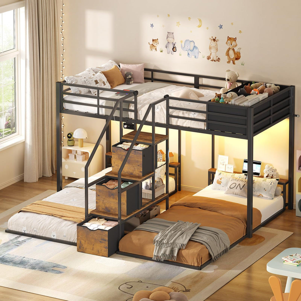 Black Triple Bunk Bed Twin Over Twin with Storage Staircase R4828
