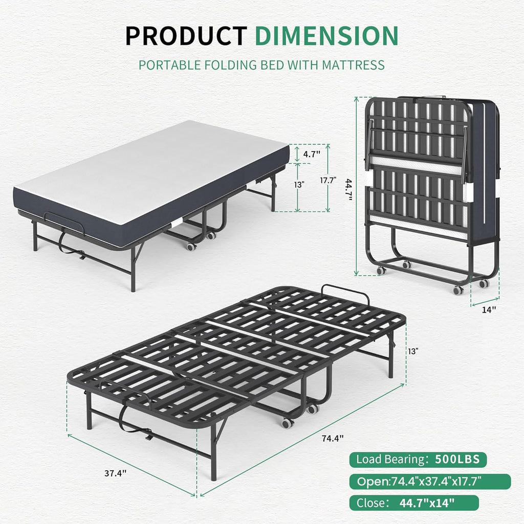Folding Bed with Mattress, 5-Inch Memory Foam, 500lbs Capacity, Metal Frame X78406