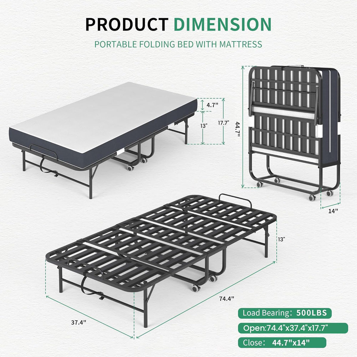 Folding Bed with Mattress, 5-Inch Memory Foam, 500lbs Capacity, Metal Frame X78406