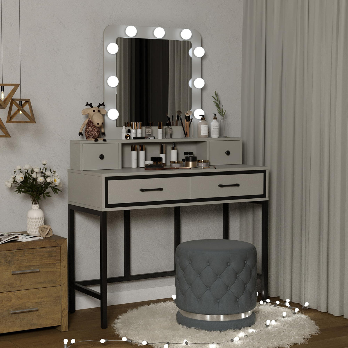 White Vanity Desk with Lighted Mirror and 4 Drawers B76604