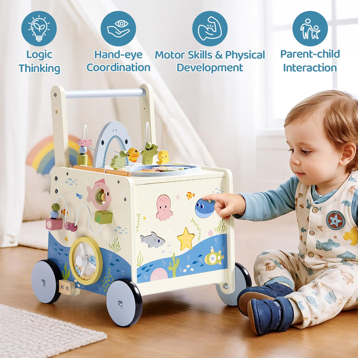 Wooden Baby Walker Push Toy with Fishing Game, Music, Storage R55116