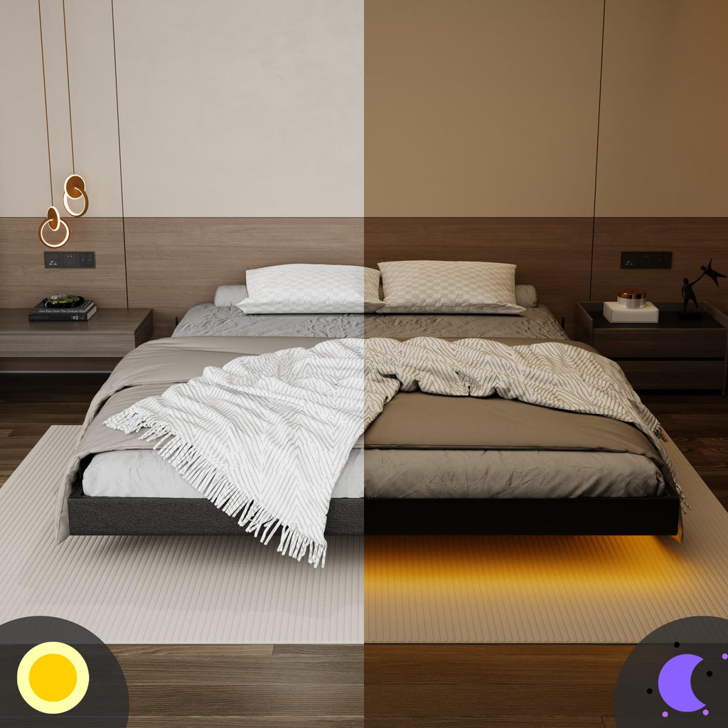Black Floating Upholstered Platform Bed Frame Full Size with LED Lights and Charging Station R121