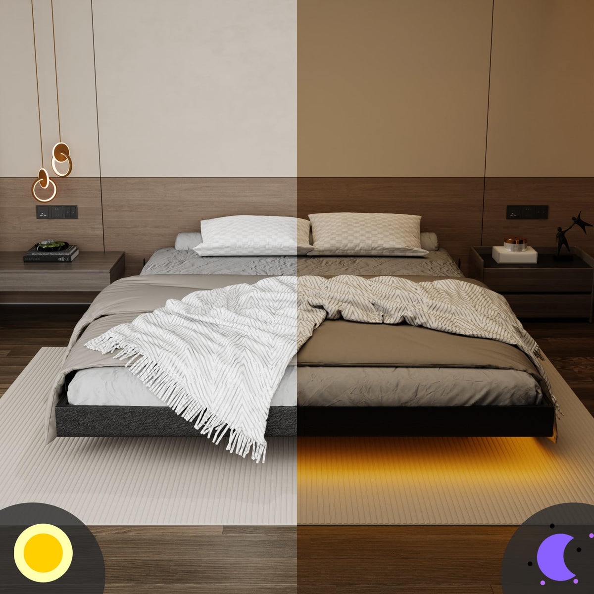 Black Floating Upholstered Platform Bed Frame Full Size with LED Lights and Charging Station R121