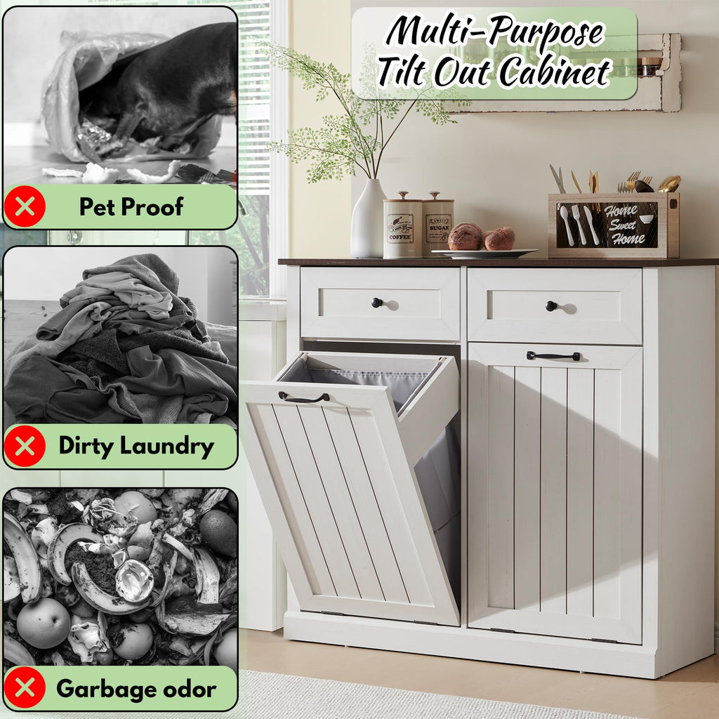 Double Tilt Out Laundry Hamper Cabinet Antique White Y6681