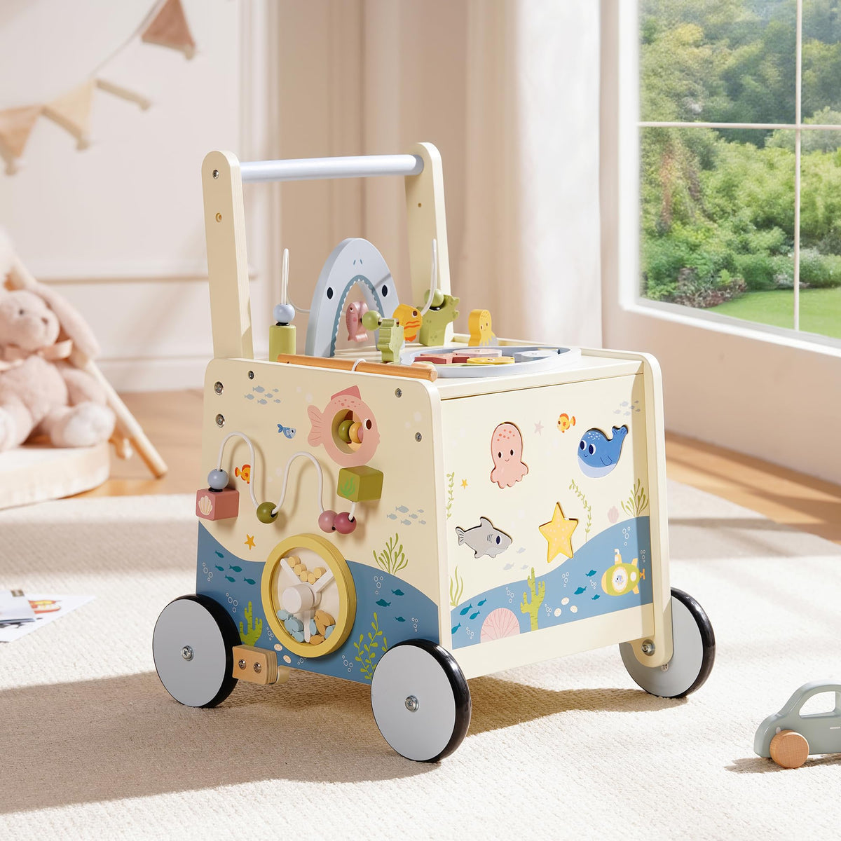 Wooden Baby Walker Push Toy with Fishing Game, Music, Storage R55116