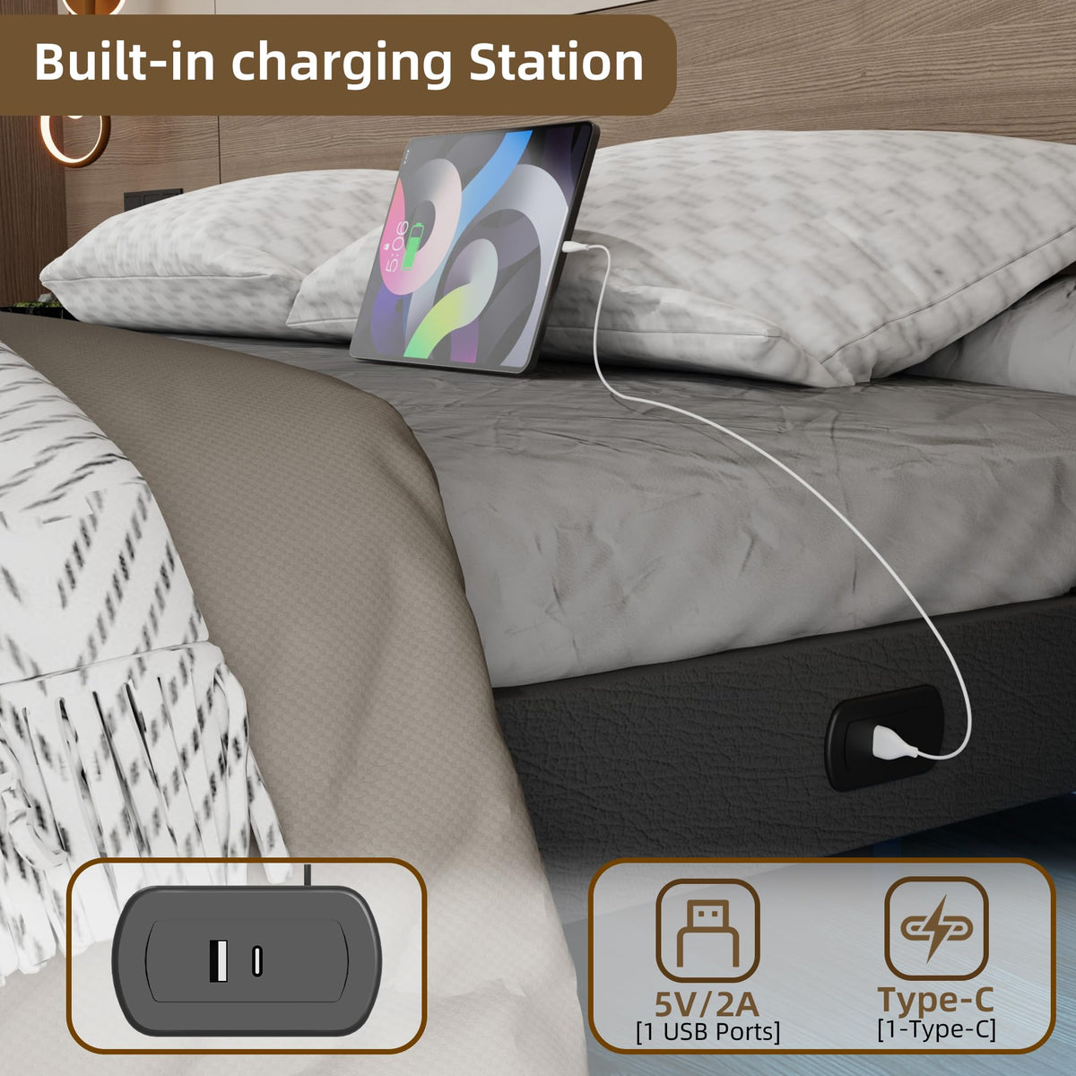 Black Floating Upholstered Platform Bed Frame Full Size with LED Lights and Charging Station R121