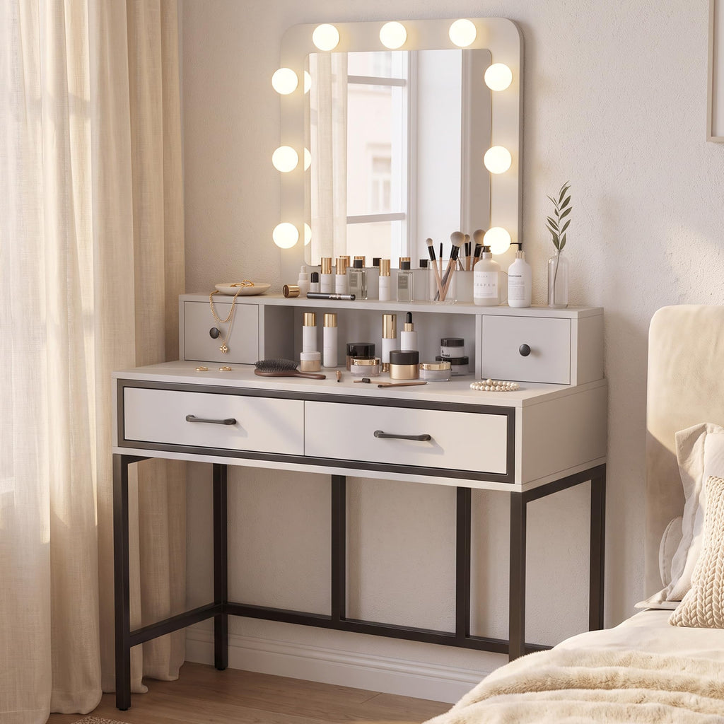 White Vanity Desk with Lighted Mirror and 4 Drawers B76604
