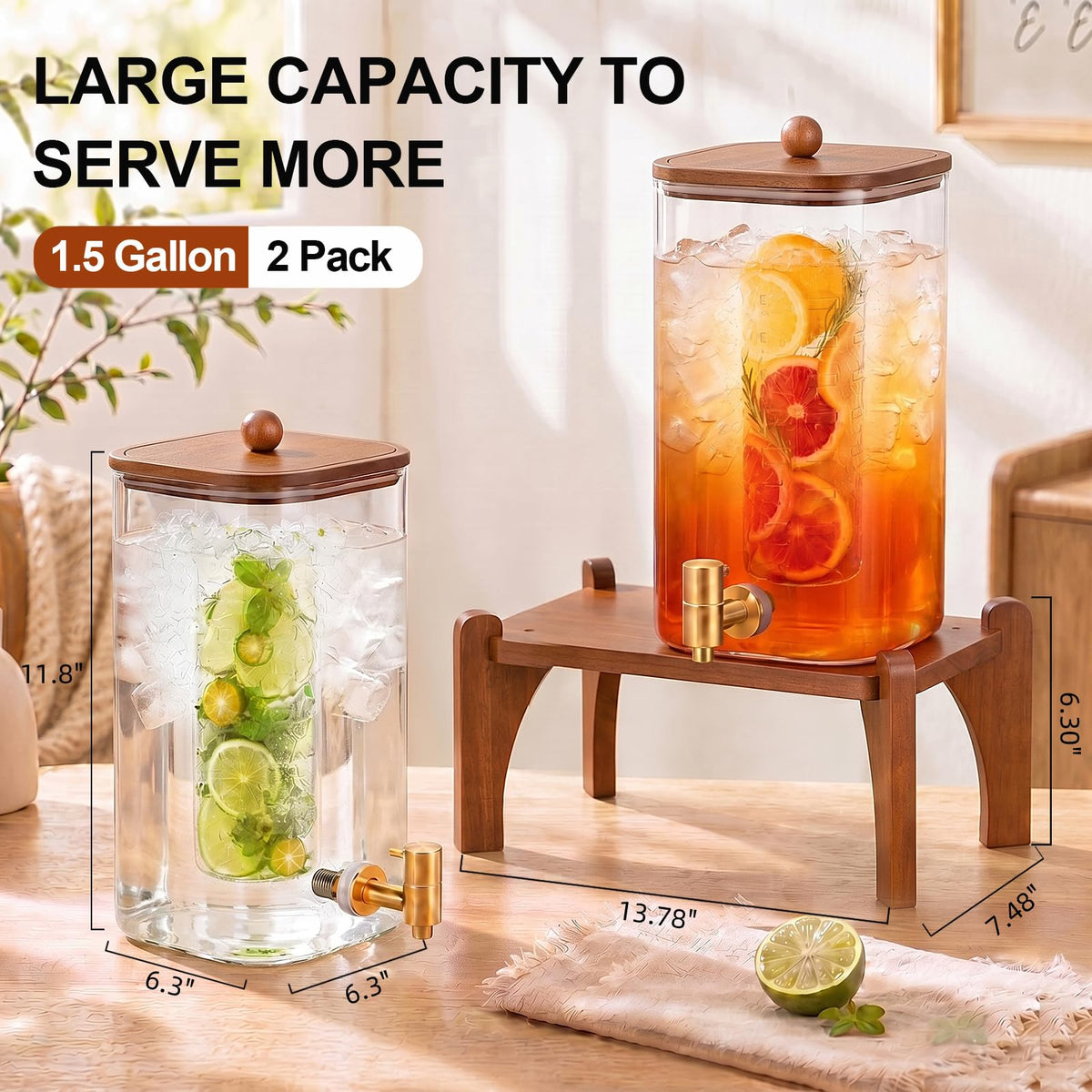 2 Pcs 1.5 Gallon Square Glass Drink Dispenser with Wooden Stand and Stainless Steel Spigot L422