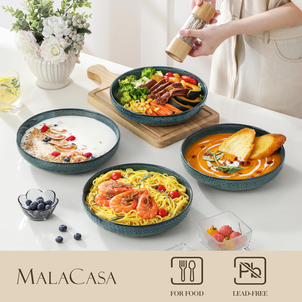 48 Oz 9.5 Inch Ceramic Pasta Bowls Set of 4 Green R785