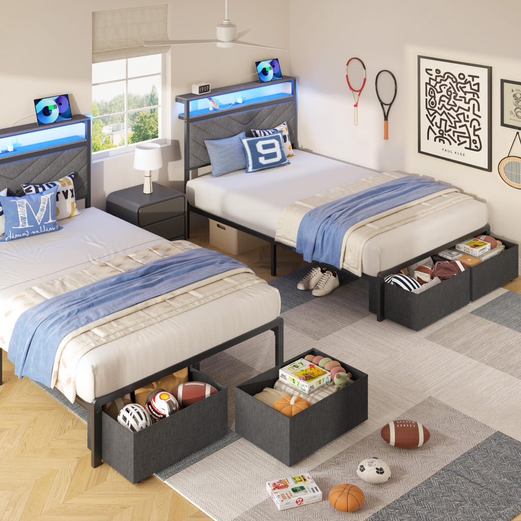 Grey Twin Bed Frame with Charging Station, LED Lights & 2 Storage Drawers U7837