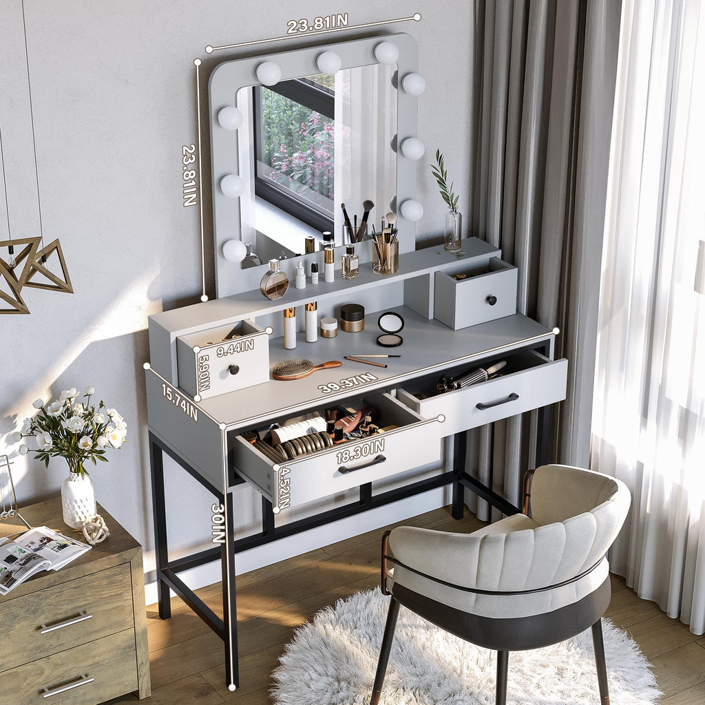 White Vanity Desk with Lighted Mirror and 4 Drawers B76604
