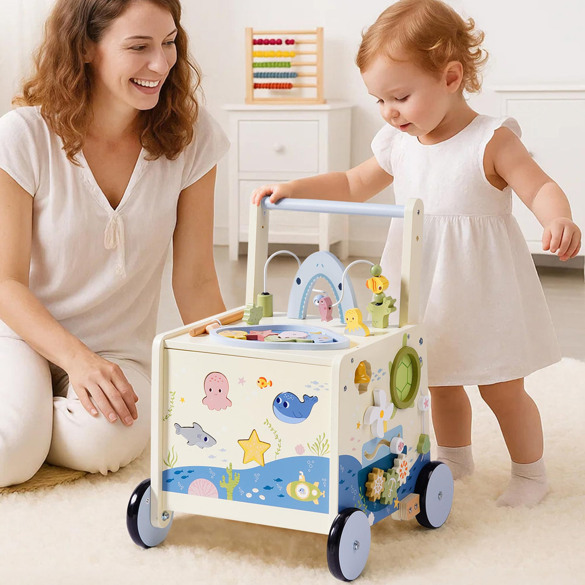 Wooden Baby Walker Push Toy with Fishing Game, Music, Storage R55116