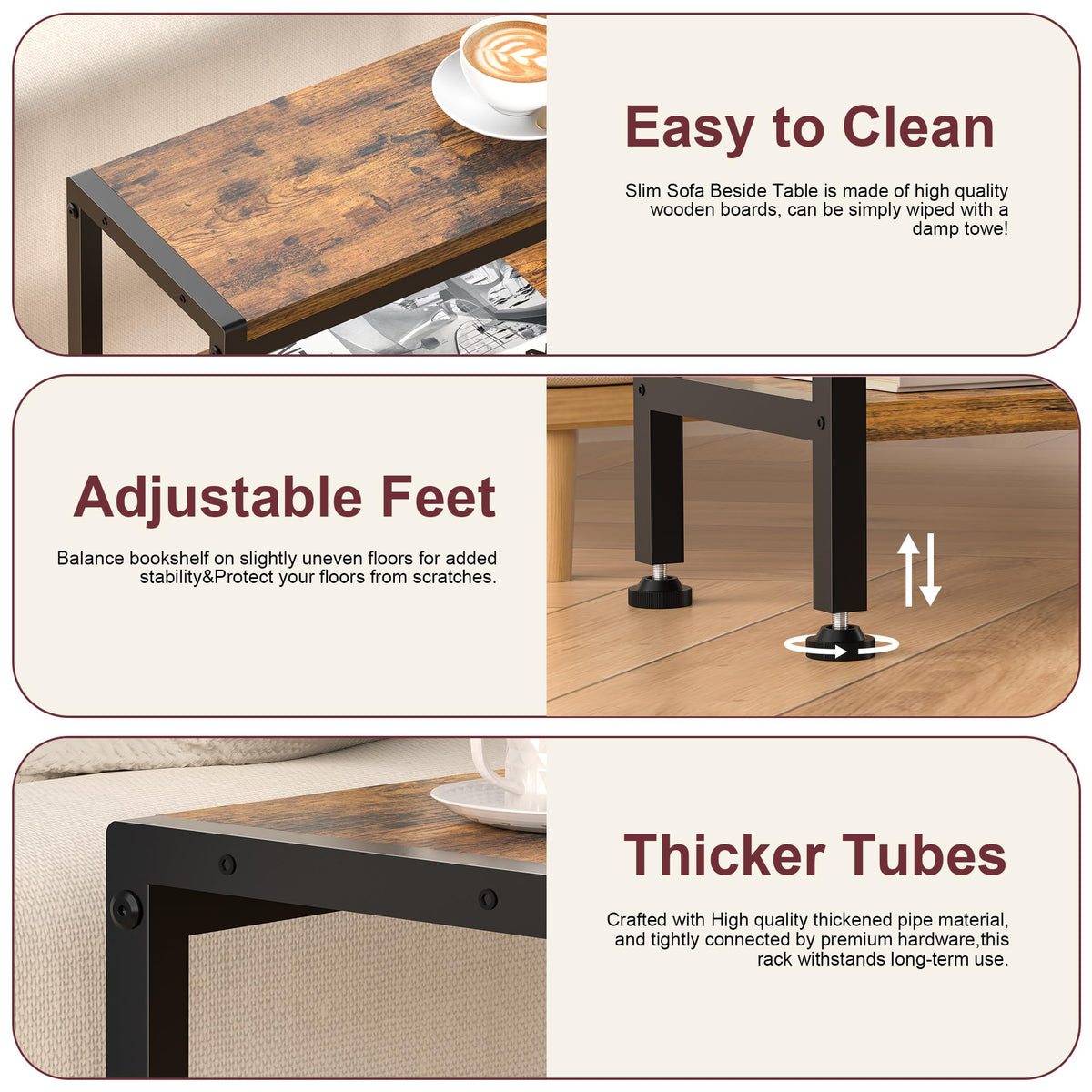 Narrow 3 Tier Slim Side Table Rustic Brown U851218