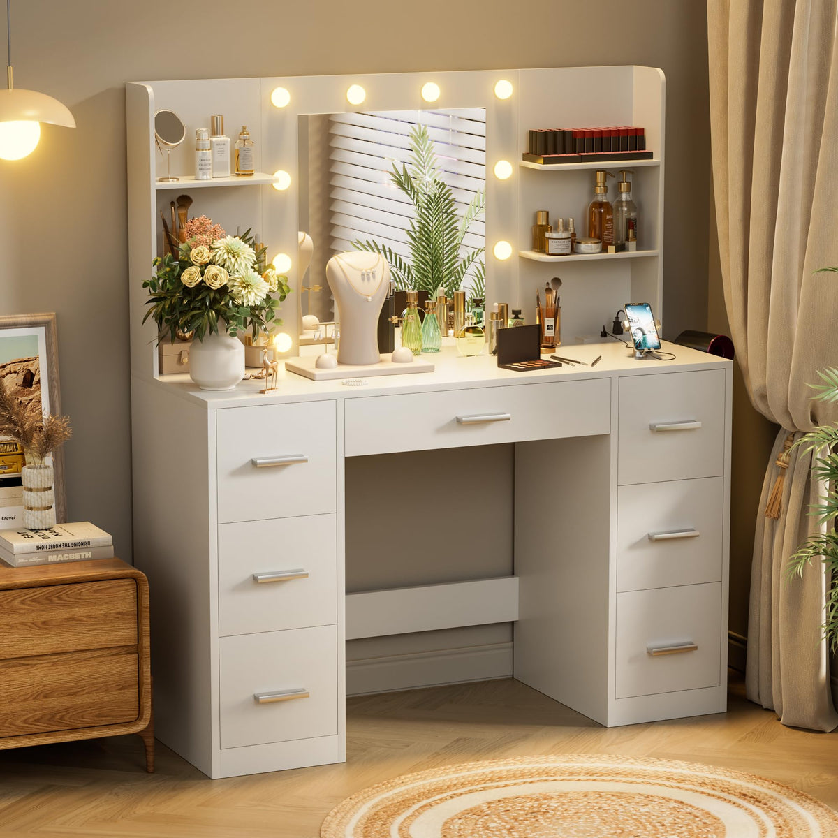 White Vanity Desk with Lighted Mirror and 7 Drawers K6489
