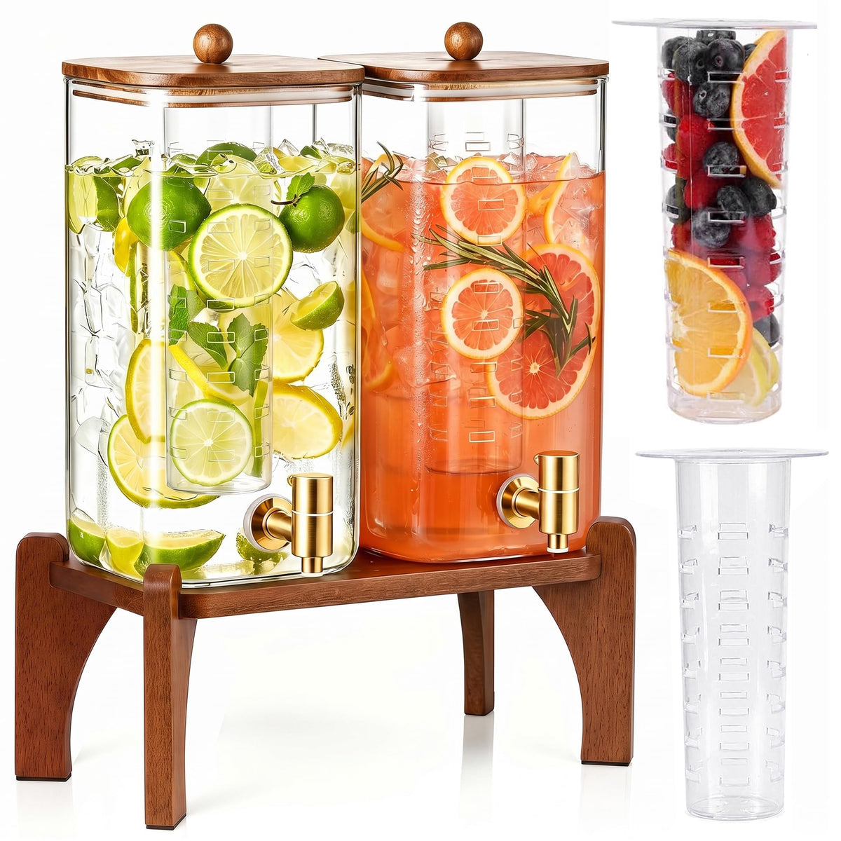 2 Pcs 1.5 Gallon Square Glass Drink Dispenser with Wooden Stand and Stainless Steel Spigot L422