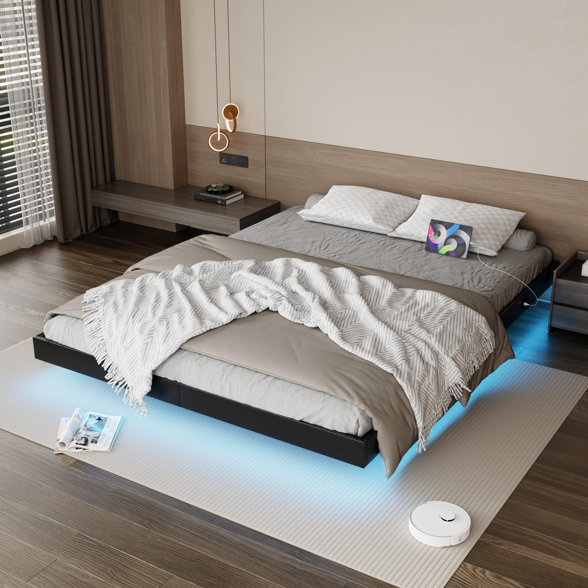 Black Floating Upholstered Platform Bed Frame Full Size with LED Lights and Charging Station R121