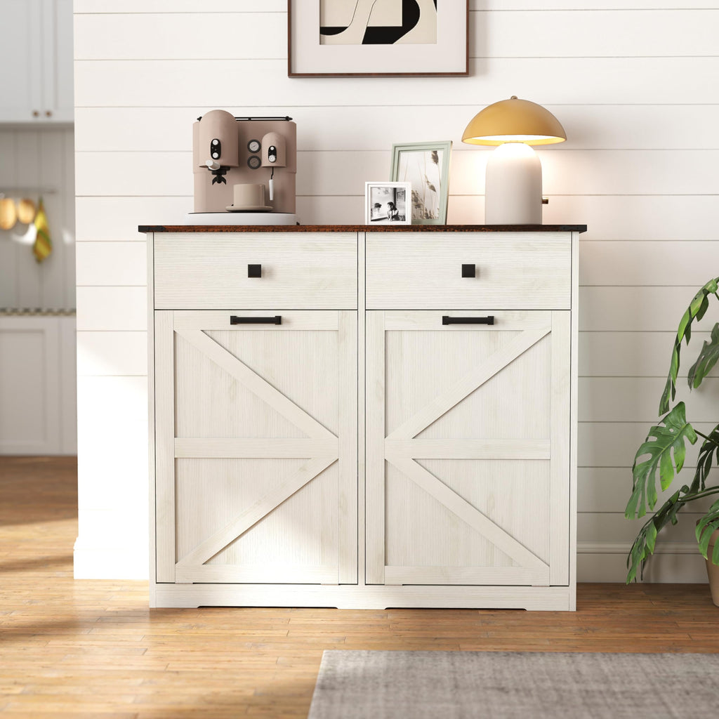 20 Gallon White Wooden Double Tilt Out Trash Can Cabinet with 2 Drawer D101