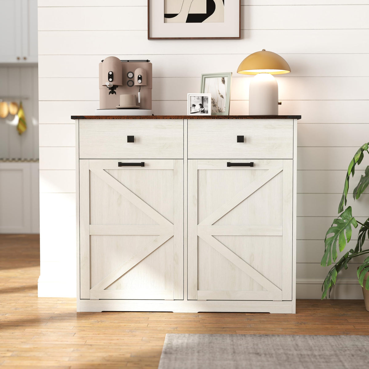 20 Gallon White Wooden Double Tilt Out Trash Can Cabinet with 2 Drawer D101