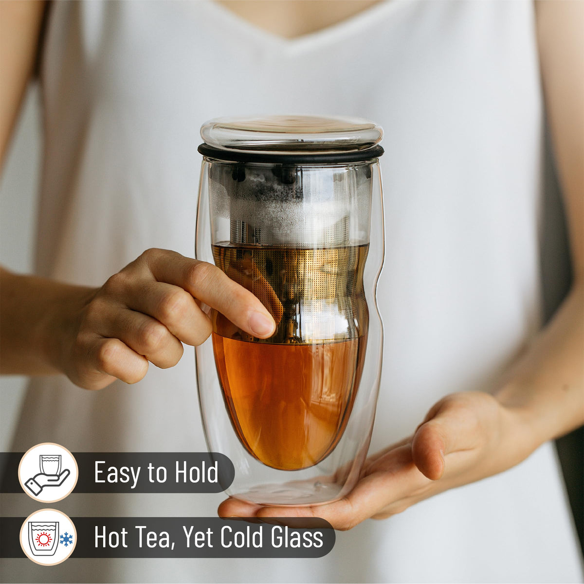 Double Wall Glass Tea Cup with Stainless Steel Infuser and Lid, 16 oz, 2 Pack T425