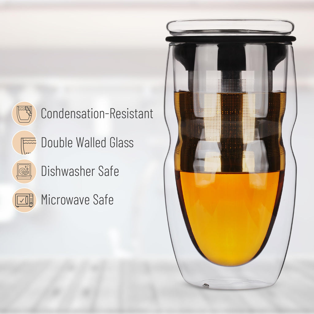 Double Wall Glass Tea Cup with Stainless Steel Infuser and Lid, 16 oz, 2 Pack T425