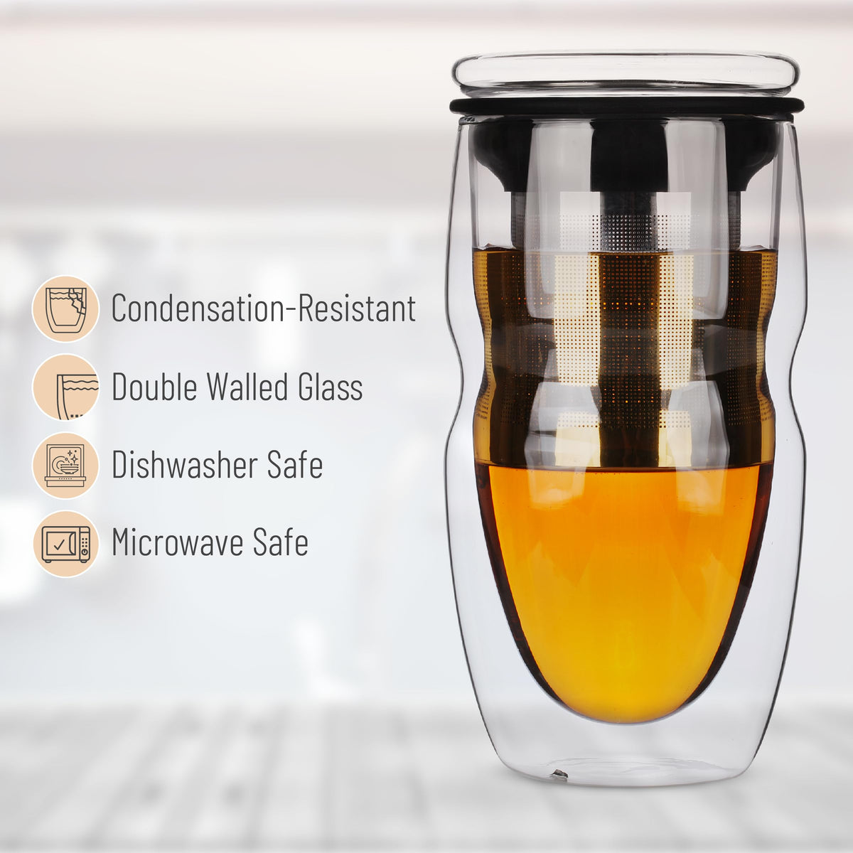 Double Wall Glass Tea Cup with Stainless Steel Infuser and Lid, 16 oz, 2 Pack T425