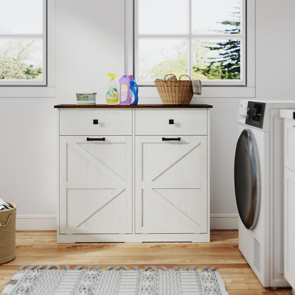 20 Gallon White Wooden Double Tilt Out Trash Can Cabinet with 2 Drawer D101