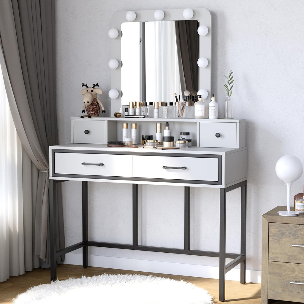 White Vanity Desk with Lighted Mirror and 4 Drawers B76604