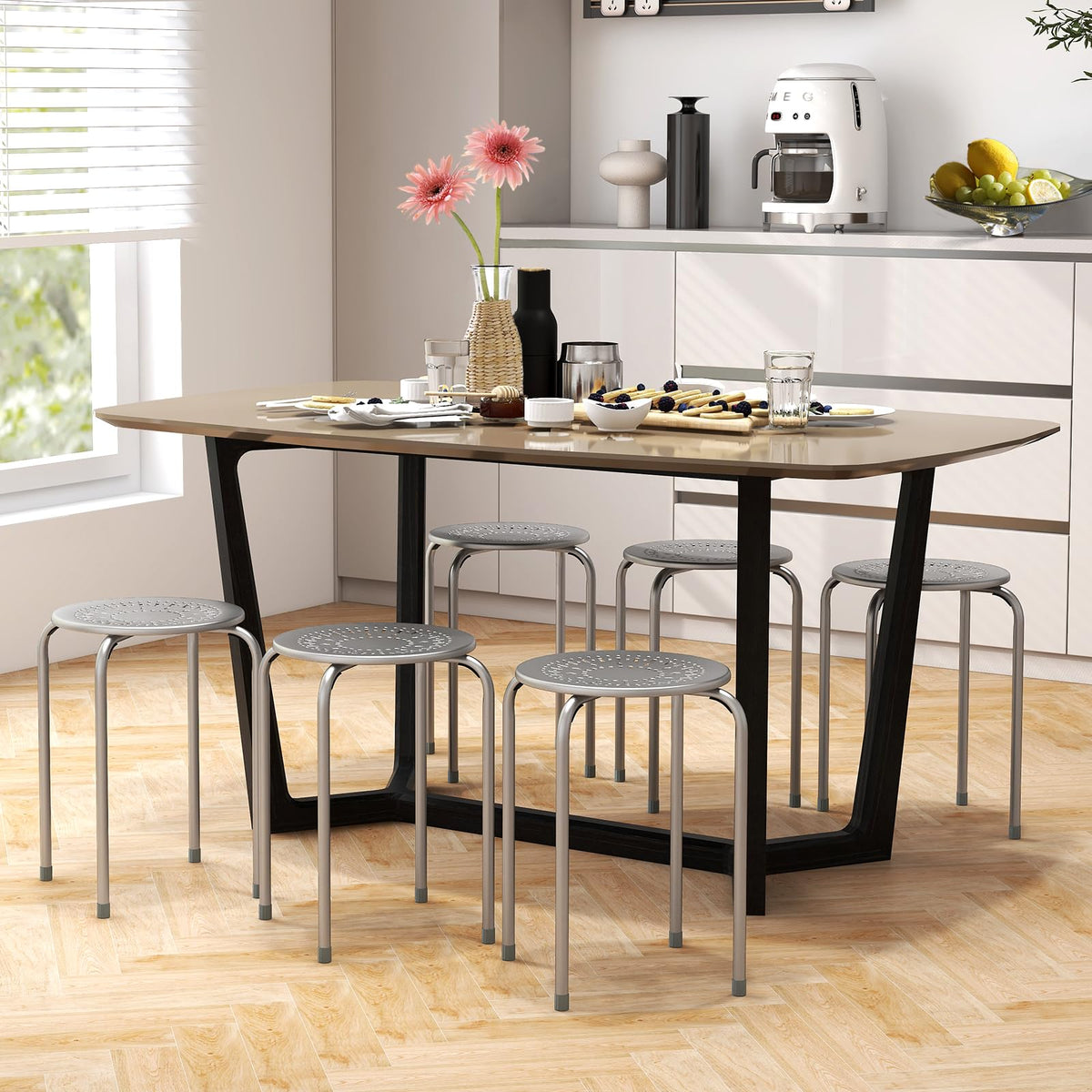 Grey 6 Pack Stackable Metal Stools Q842