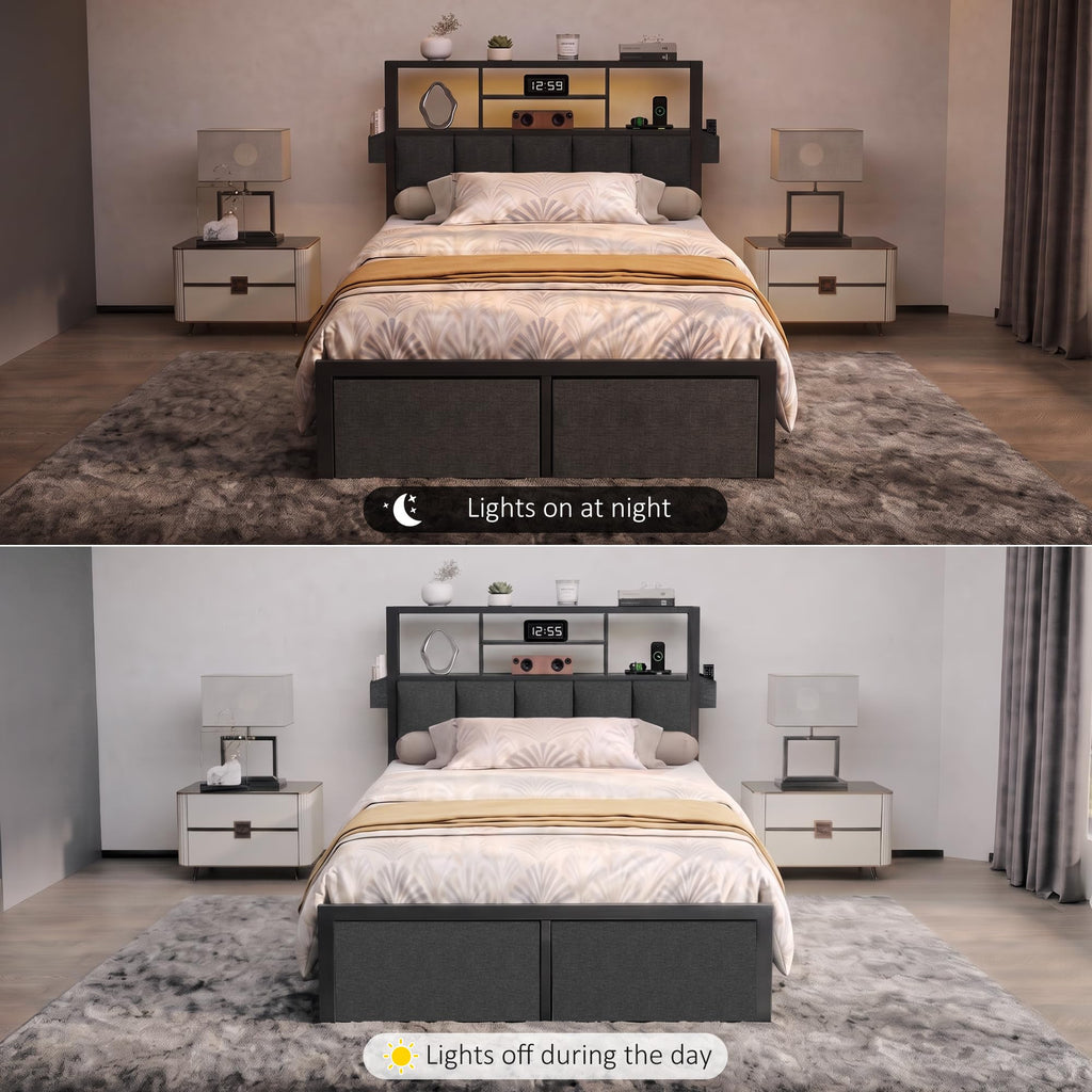Twin Bed Frame with LED Lights, Storage Drawers and Charging Station U4942