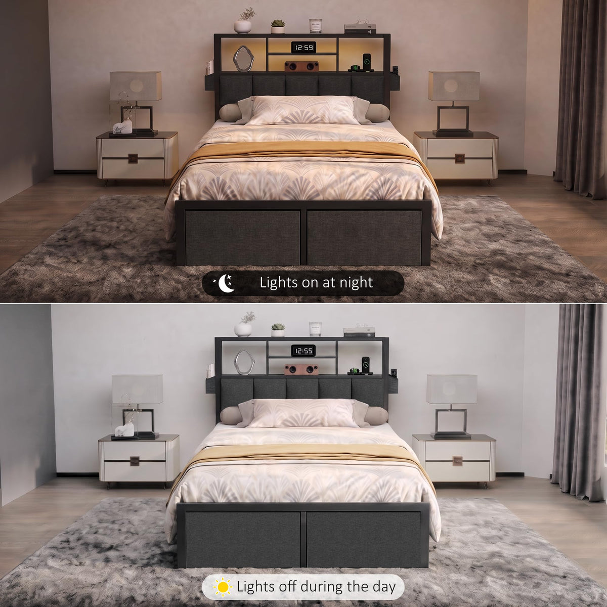 Twin Bed Frame with LED Lights, Storage Drawers and Charging Station U4942