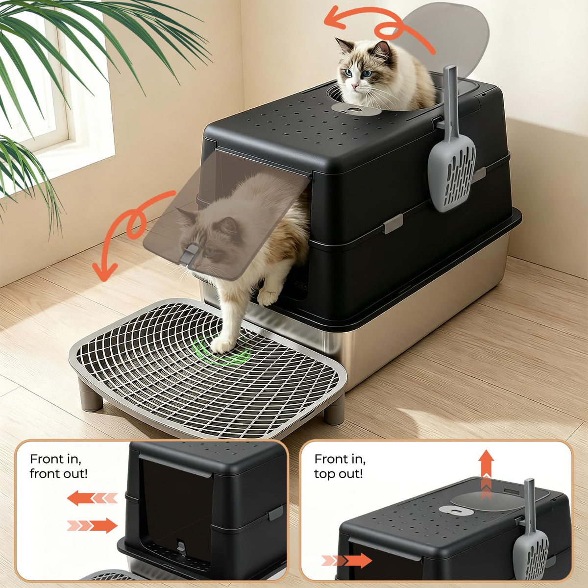 Extra Large Stainless Steel Enclosed Cat Litter Box with Lid and Scoop Z437393